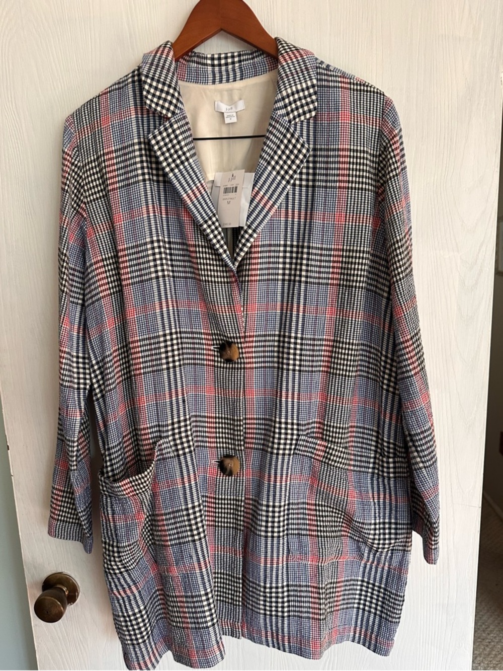 J. Jill Pink and Blue Plaid Longline Blazer
